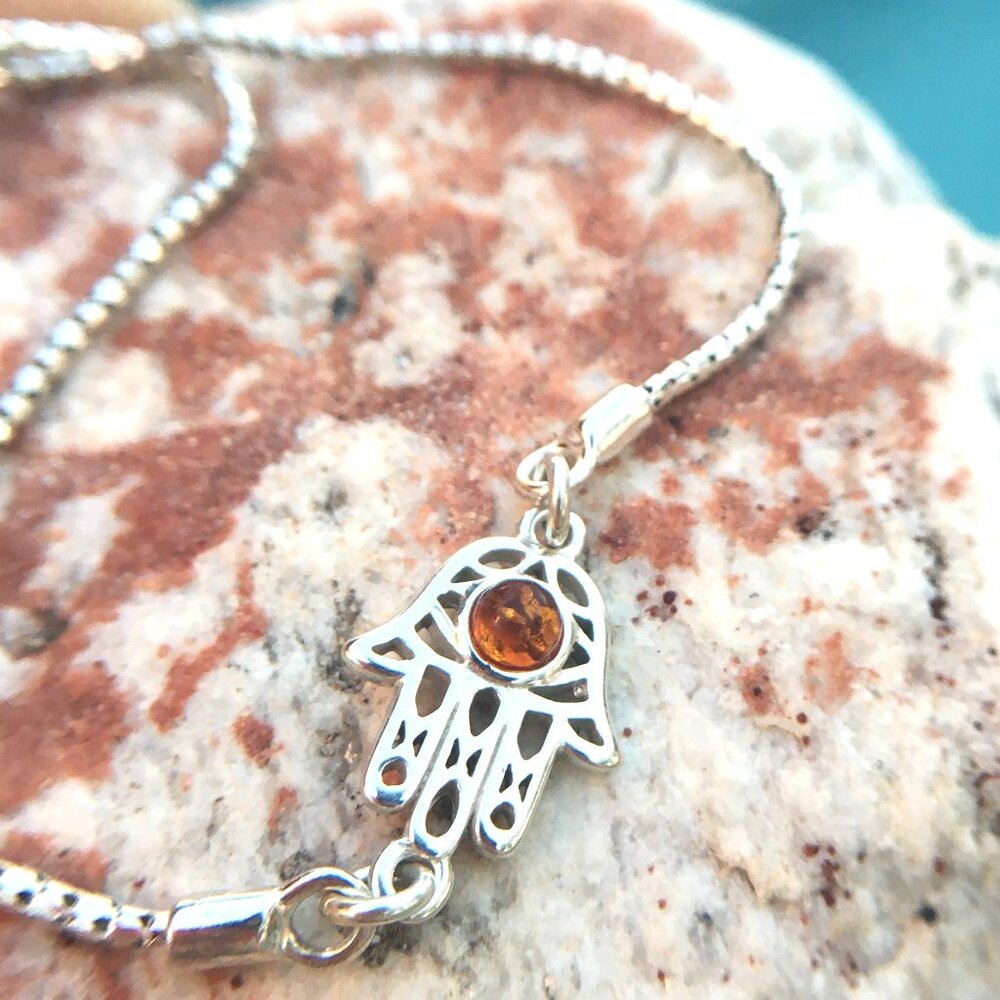 Sterling Silver Amber Hamsa Bracelet Adjustable Genuine Gemstone .925